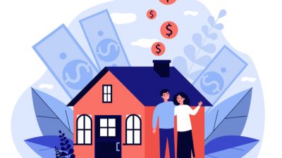 Ilustración familia en casa nueva